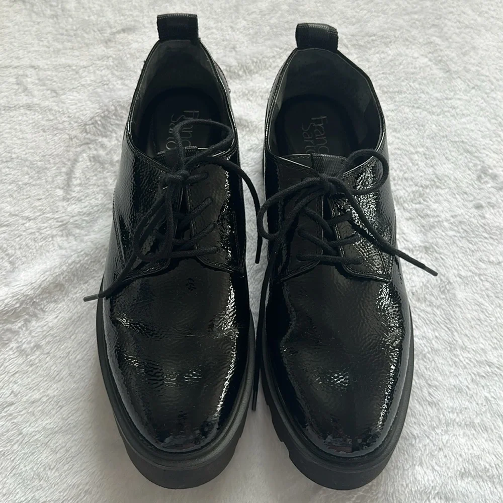 Franco Sarto Balin Oxford Loafer Minimalist Black Patten Leather Women’s 8.5‎
